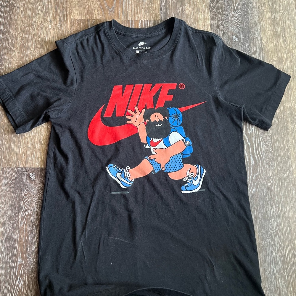 Nike Black Tee with Red Logo and Cartoon Design